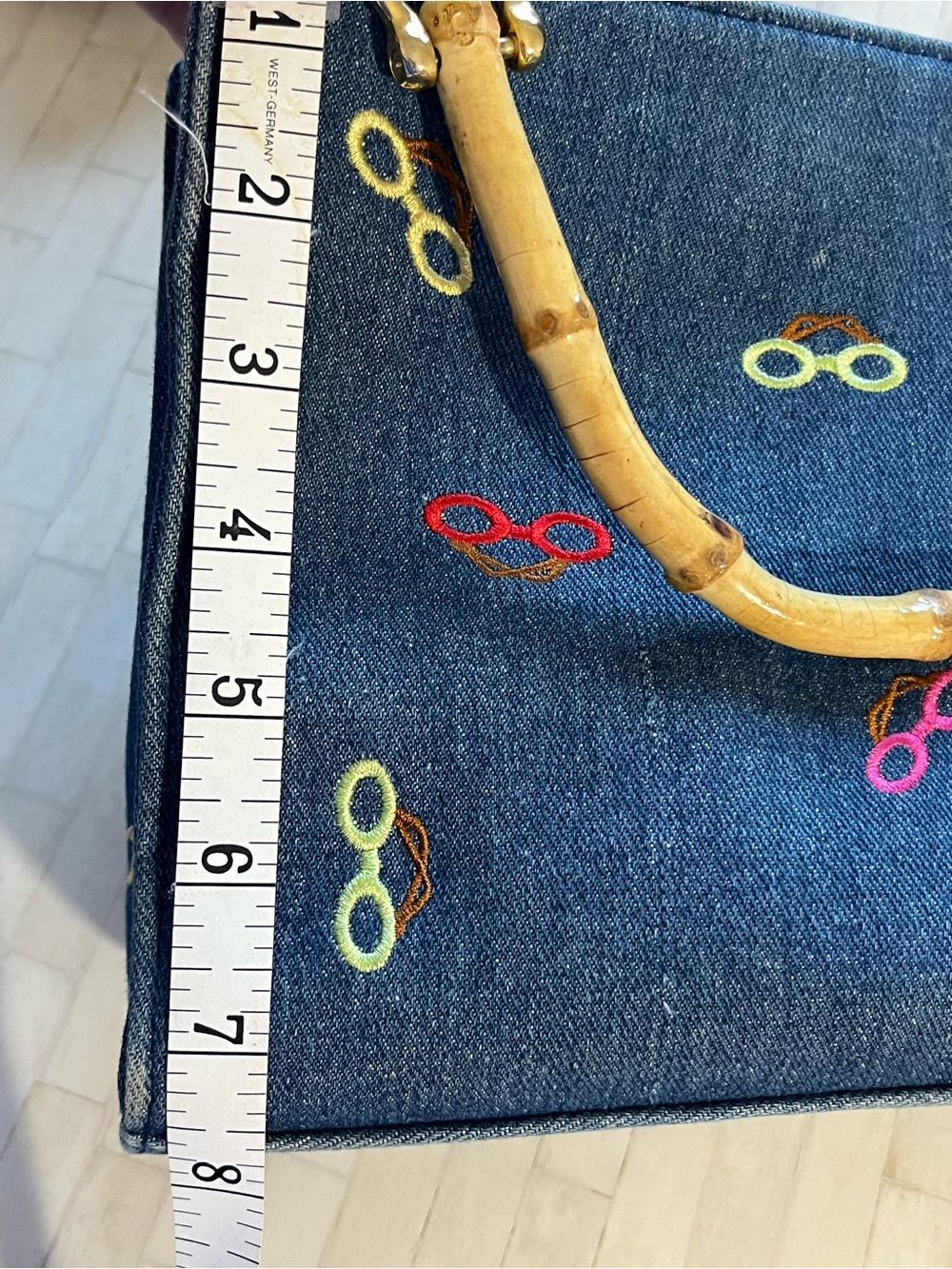 Denim Embroidered Glasses Satchel with Bamboo Handle Colorful - Picture 11 of 13